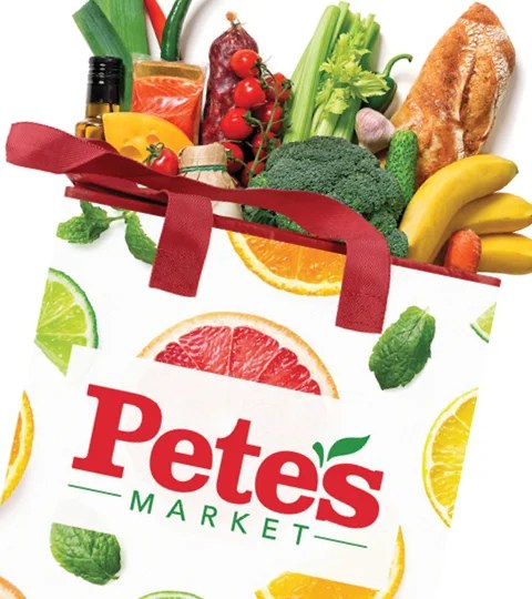 Grocery pickup services by DoorDash and Pete's Market with fresh groceries illustrated