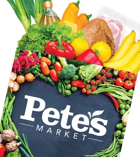Grocery pickup services by Instacart and Pete's Market with fresh groceries illustrated