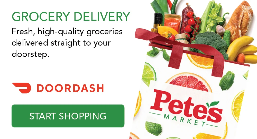 Grocery pickup services by DoorDash and Pete's Market with fresh groceries illustrated