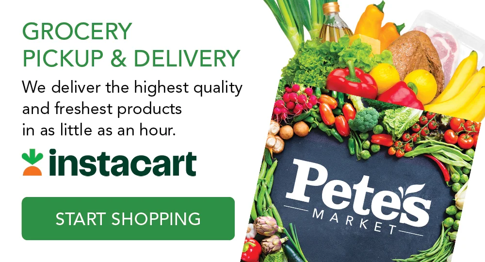 Grocery pickup services by Instacart and Pete's Market with fresh groceries illustrated